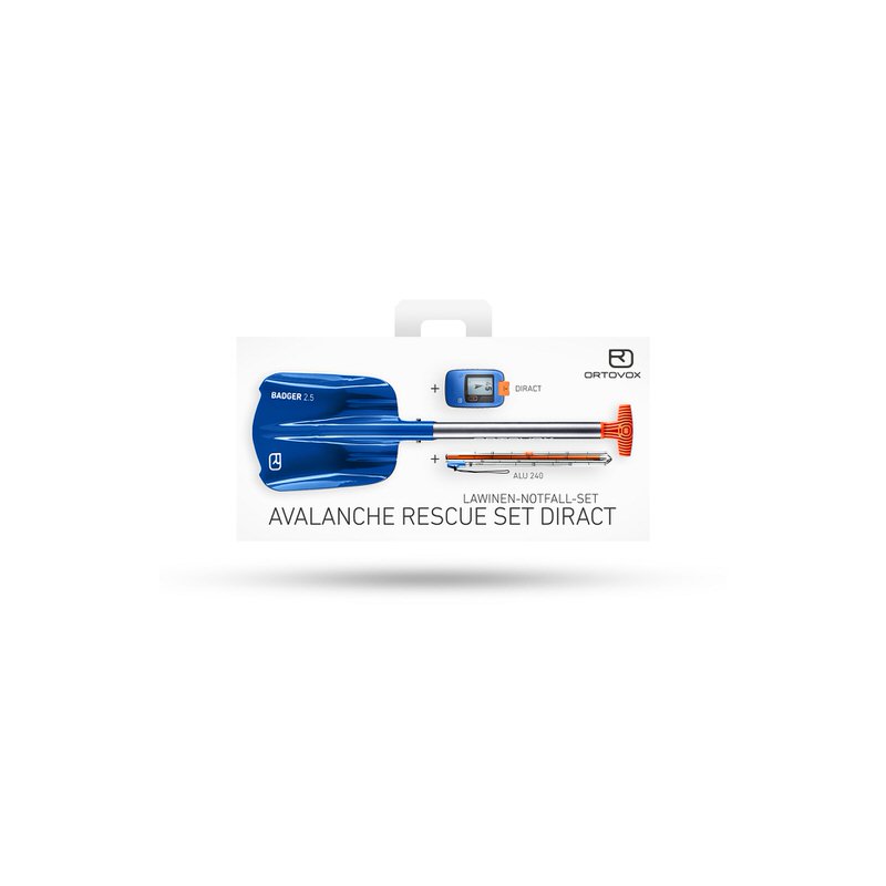 Ortovox Rescue Set Diract: Lawinenschaufel, LVS Gerät Diract und Sonde in Produktverpackung.