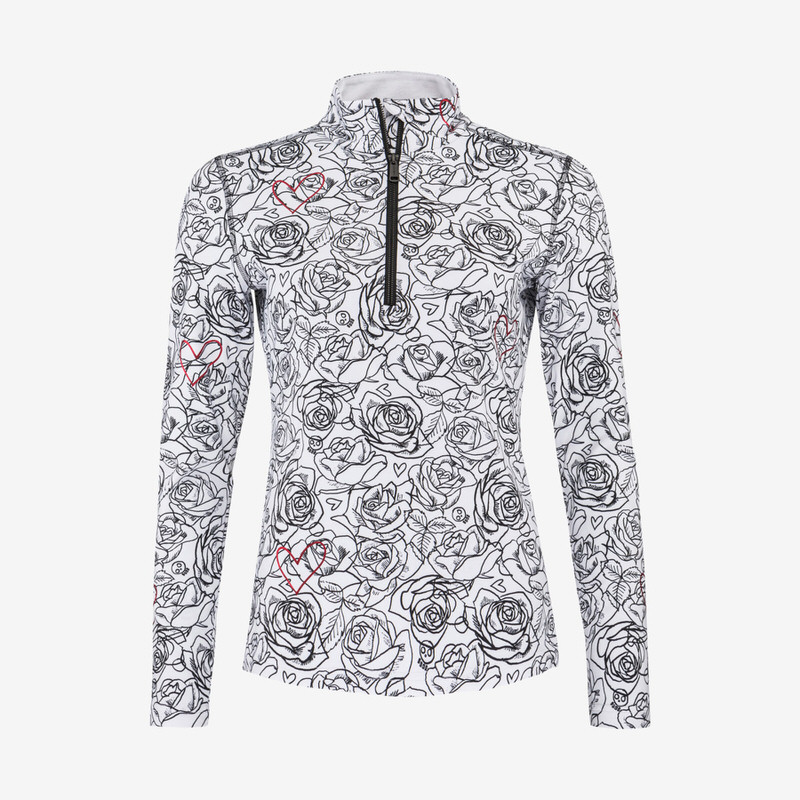Weißer Damen Midlayer mit Rosen- und Herzmuster, Stehkragen und halbem Reißverschluss.