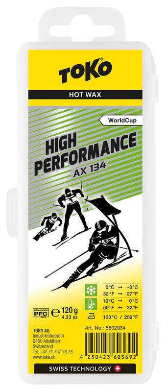 Verpackung Toko High Performance AX 134 Heisswachs mit Skifahrer-Illustration.