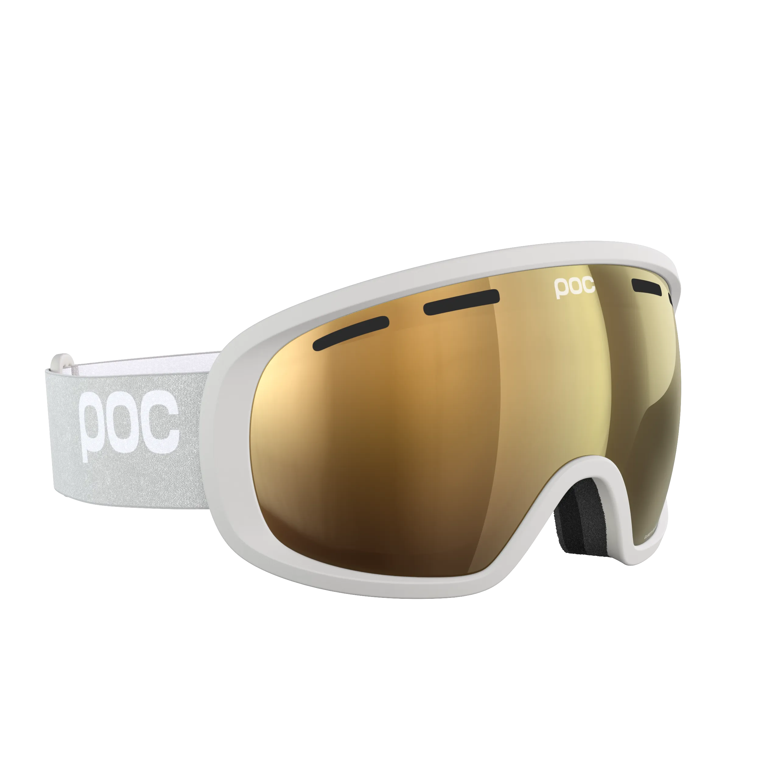 Occhiali da sci POC Fovea POW JJ in Mineral Grey con lente Sunny Gold Orange sul davanti, cinturino con logo POC a sinistra.