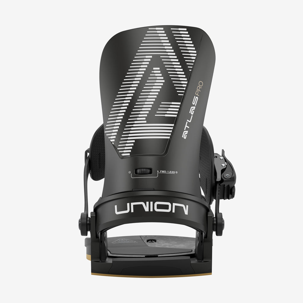 Black Atlas Pro binding Black Union Atlas Pro snowboard binding with geometric pattern on the highback and the Union logo on the ankle strap.