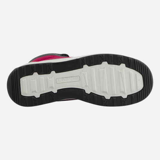 Retro Pink Podium Schuh Die Sohle des Retro Pink Podium Shoe mit schwarzem Rand und weißem Profil.
