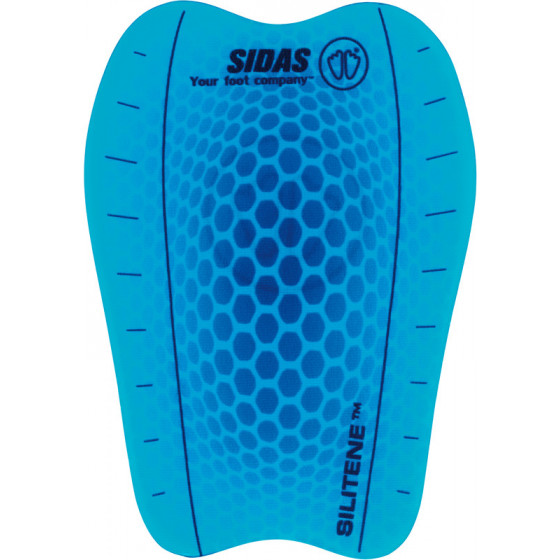 Blaues Shin Gel Pad Blaues Sidas Shin Gel Pad mit wabenförmiger Struktur und Markierungen an den Seiten.