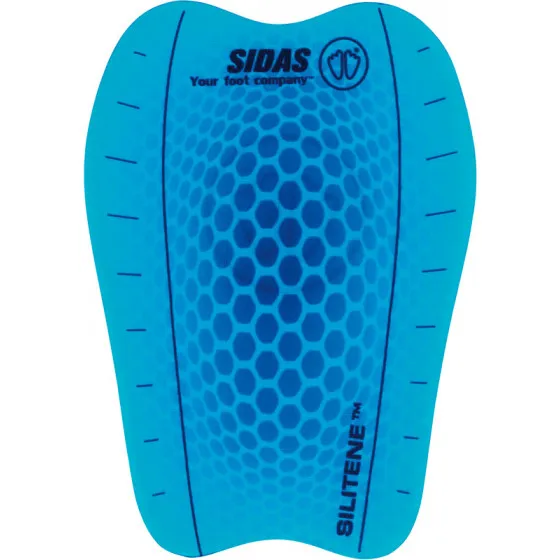 Shin Gel Pad bleu Sidas avec une structure en nid d'abeille et des marquages sur les côtés.