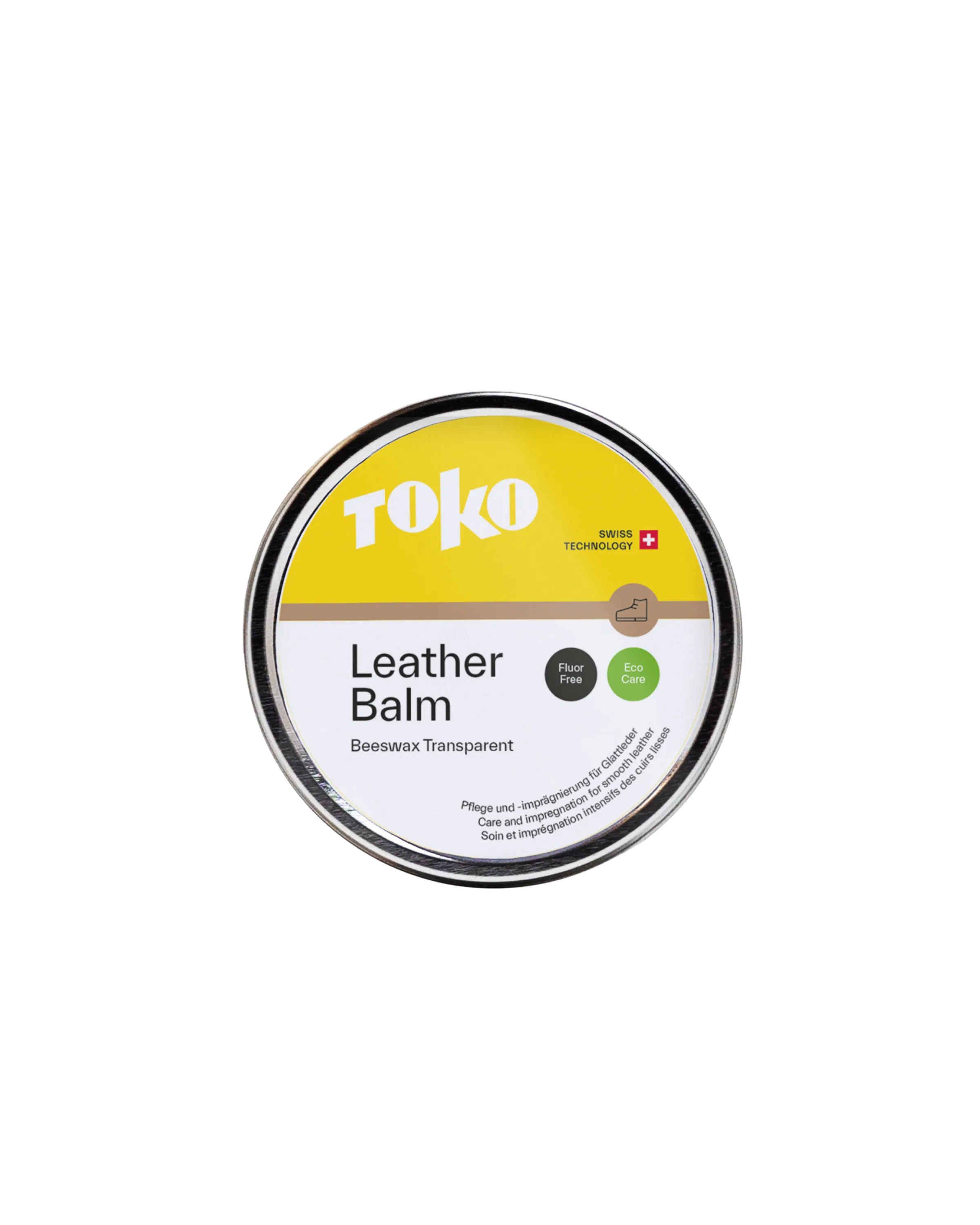 Ein rundes, silbernes Behältnis mit einem gelben Etikett mit dem Text "TOKO Leather Balm". Das Produkt ist transparent und enthält Bienenwachs.
