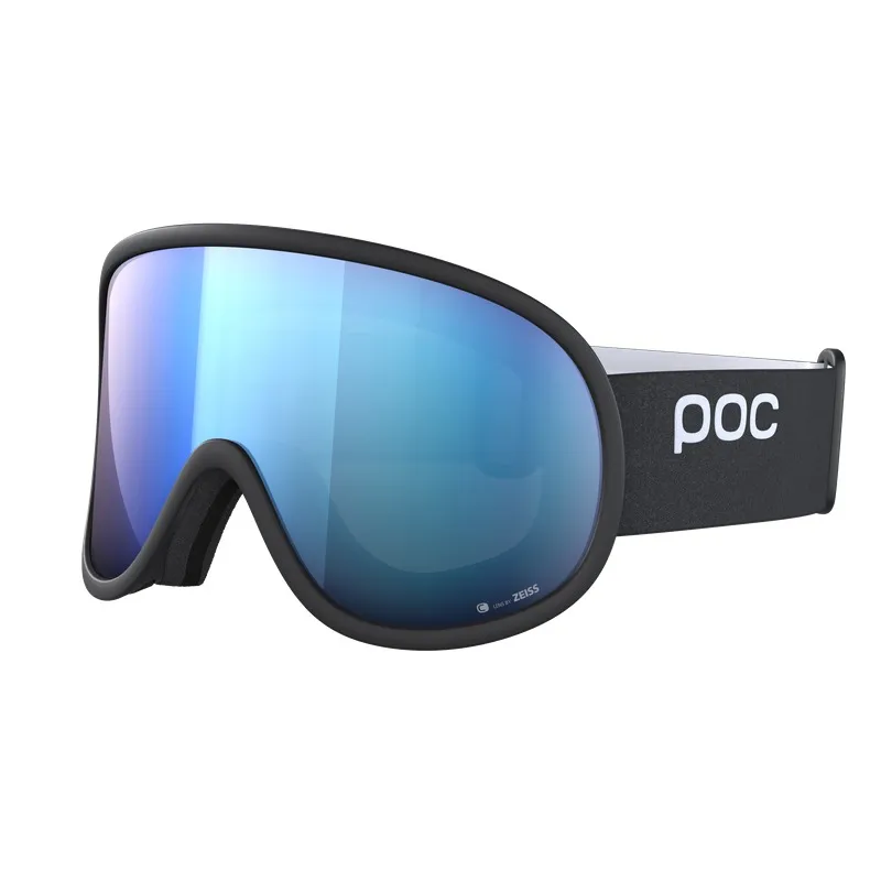 Black ski goggles with shimmering bluish lens and white POC logo on the elastic strap.