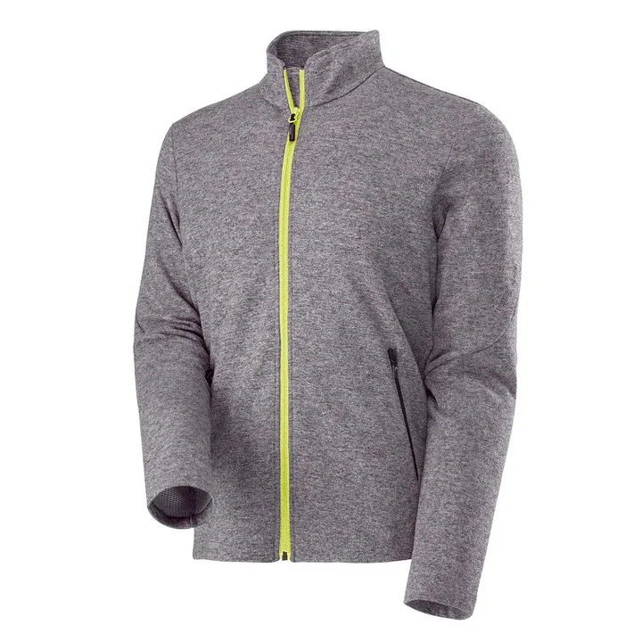 Grey fleece jacket for men with yellow zipper and side pockets.