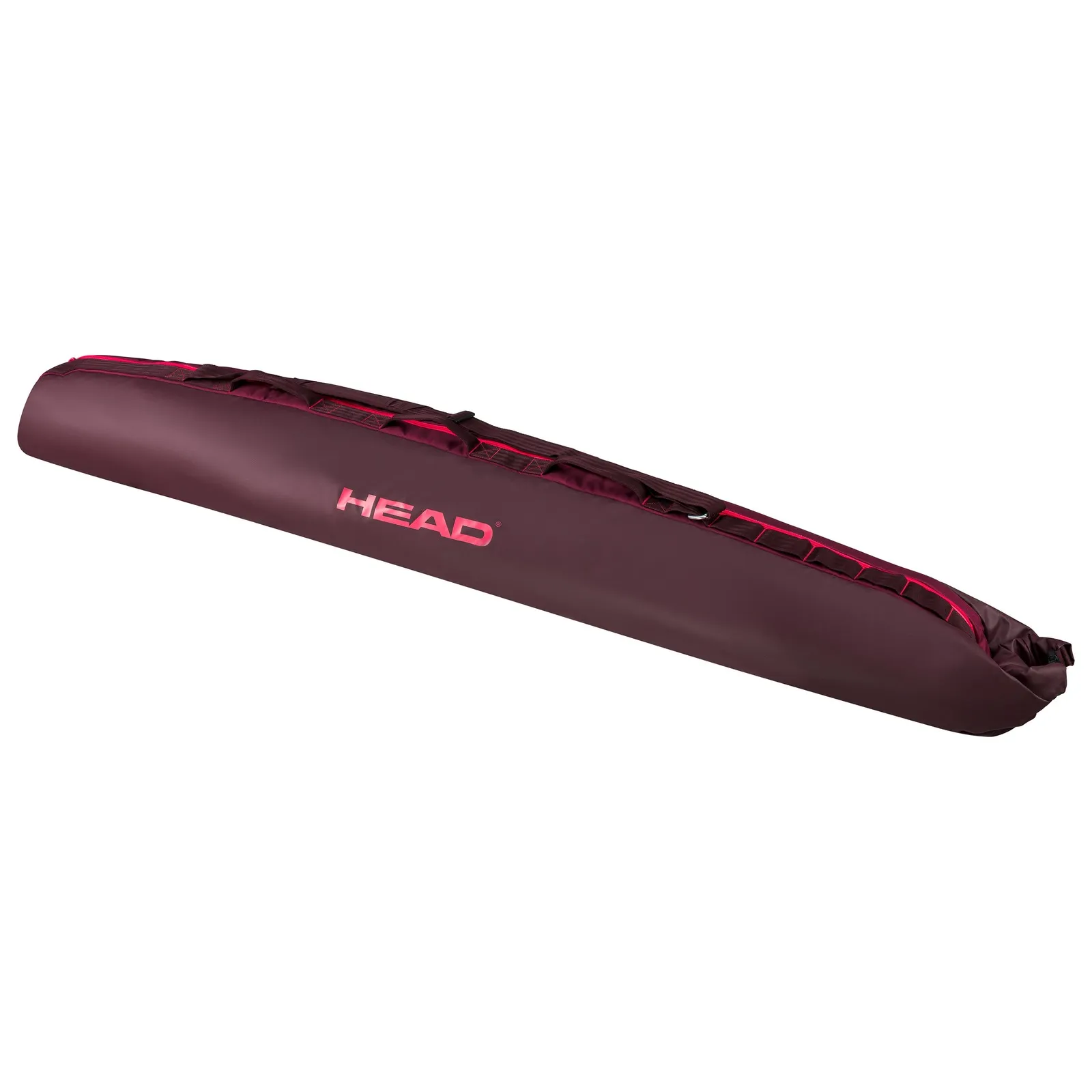 Elongated, bordeaux red Head ski bag for women, with pink logo and details.