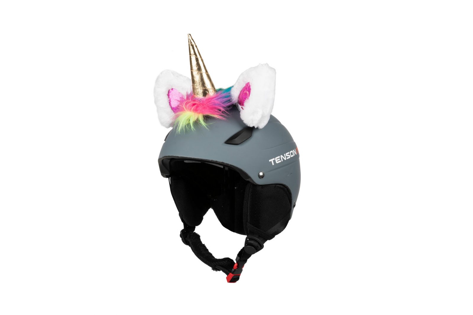 Grauer Helm mit angebrachten Hoxyheads Unicorn Ears, die aus weißem Plüsch sind und ein goldenes Horn haben.