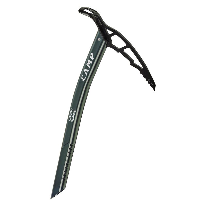 Grauer Corsa Alpine Pickel von CAMP, seitlich, mit gebogenem Schaft und gezacktem Kopf.