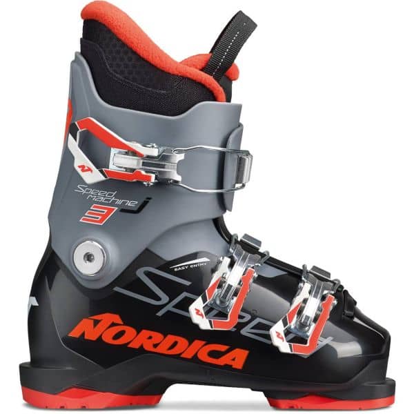 Nordica Speedmachine J3R Nordica Speedmachine J3R ski boot in black, gray and red with three buckles and warm inner boot.