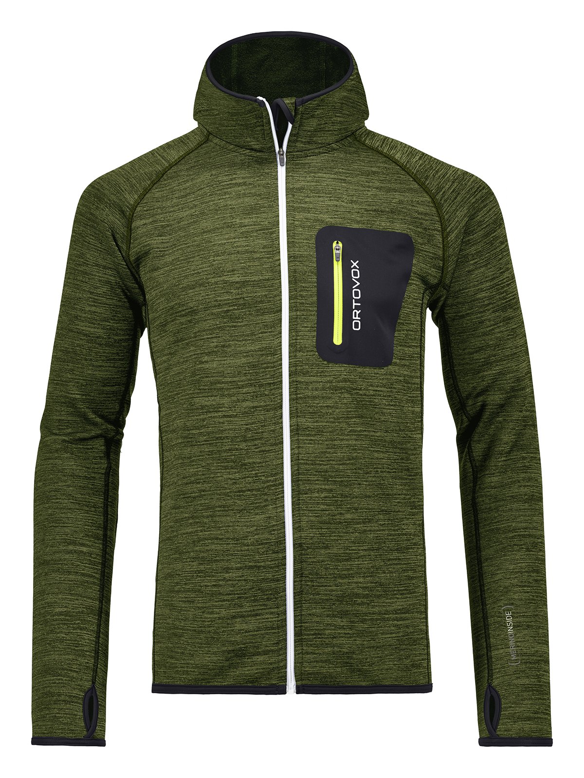 Matcha grüner Ortovox Fleece Hoody mit weißem Reißverschluss und schwarzer Brusttasche mit gelbem Reißverschluss.