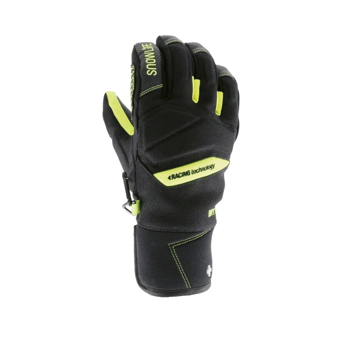 Black winter glove with yellow accents and the words "SNOWLIFE" and "RACING technology" on the top, insulated on a white background.