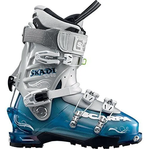 Blue-grey Scarpa Skadi ladies touring ski boot, side view, with four buckles and lettering.