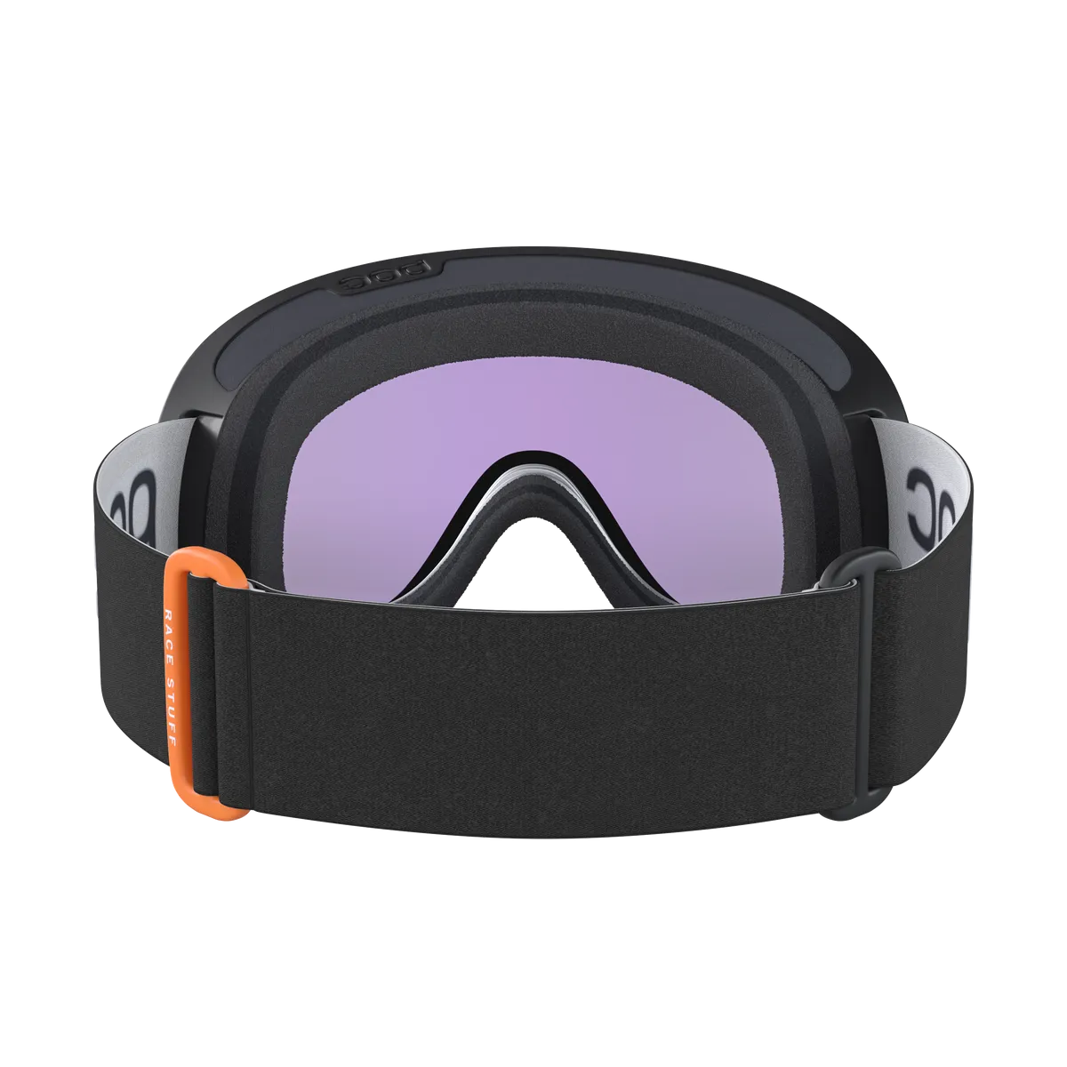 Black POC Retina WF ski goggles with purple lens and orange detail, front view.