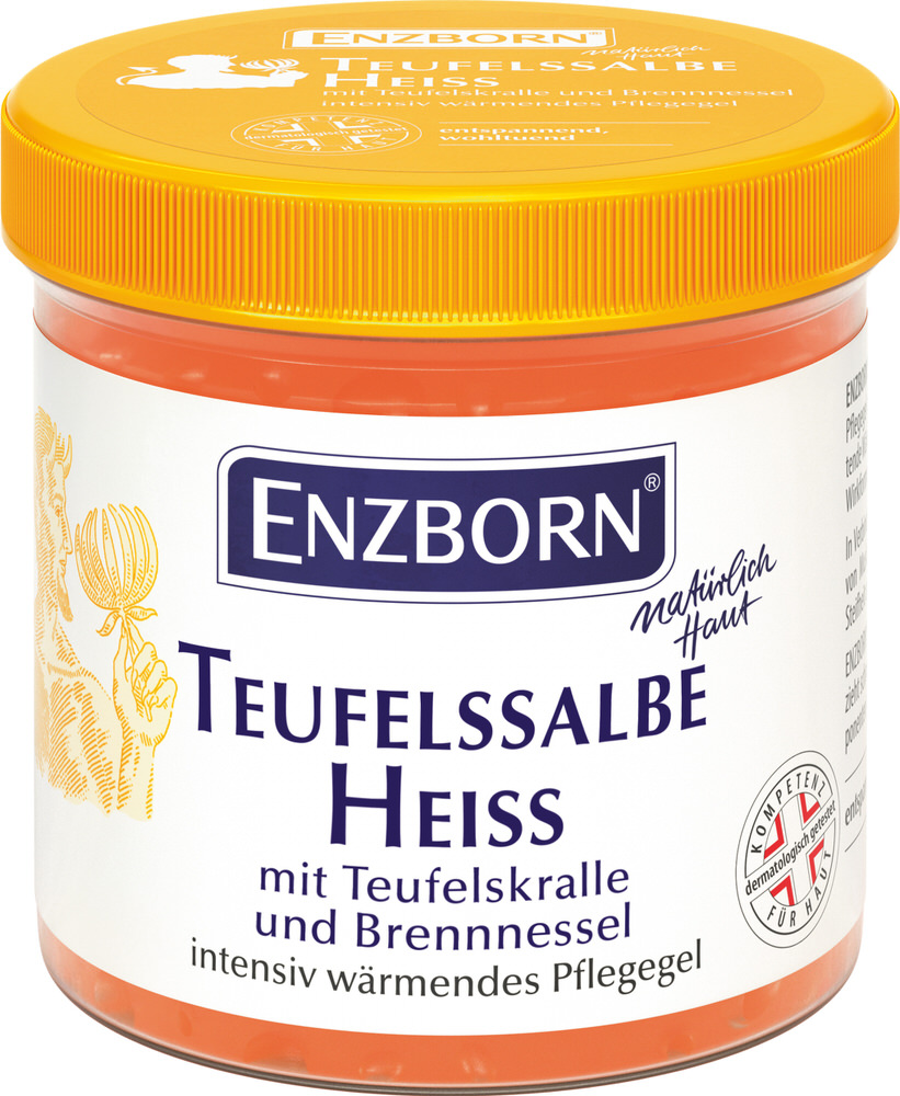 Dose Enzborn Teufelssalbe Heiss mit orangem Deckel und Aufschrift mit Teufelskralle und Brennnessel.