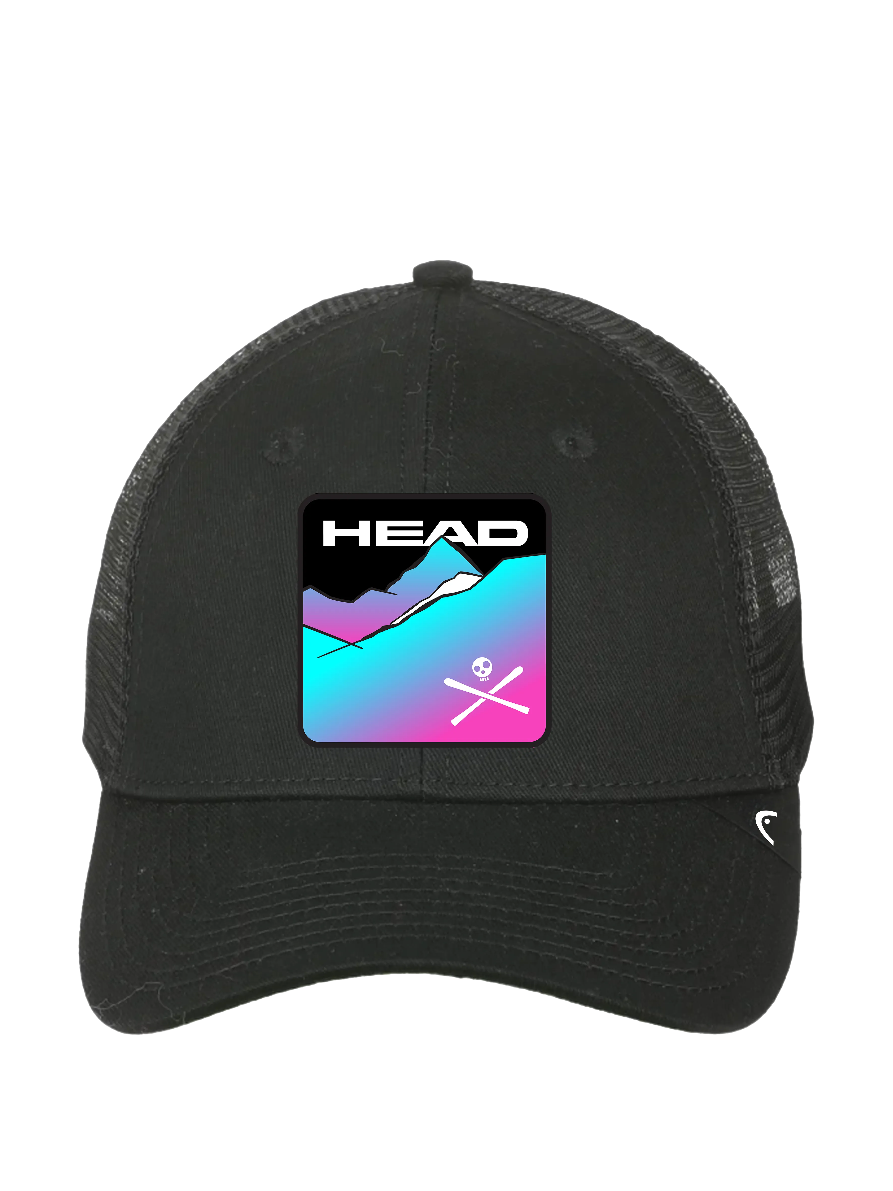 Schwarze Kappe mit Logo, das eine stilisierte Berglandschaft, den Schriftzug "HEAD" und gekreuzte Skier mit Totenkopf zeigt.
