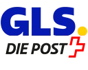 Blaues "GLS" Logo über "DIE POST", daneben ein gelber Punkt und ein rotes Schweizer Kreuz.