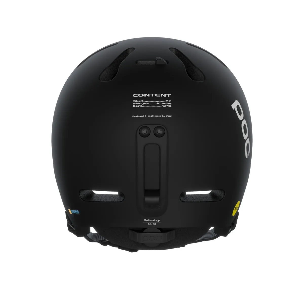 Vista posteriore del casco Poc Fornix Mips nero. Dettagli: ventilazione, dimensioni, clip per occhiali, loghi ed etichettatura Mips.