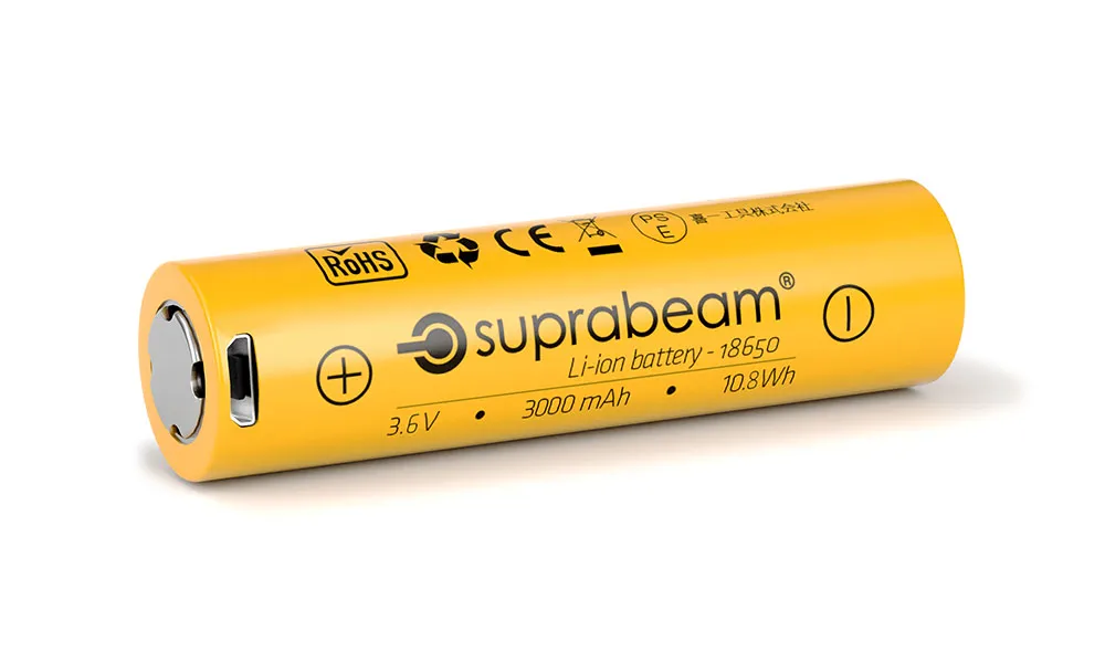 Gelbe Suprabeam 18650 Li-Ionen Batterie für M6xr Multilamp mit USB-C Anschluss.