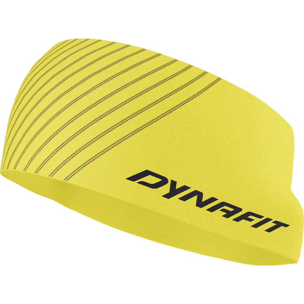 Gelbes Dynafit Speed Headband mit schwarzen Streifen und Logo.