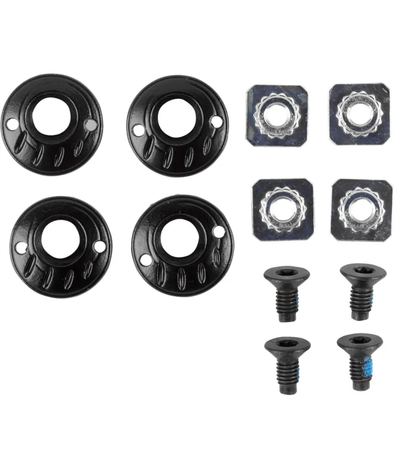 Individual parts: Four black round washers, four silver square nuts and four black hexagon socket screws.