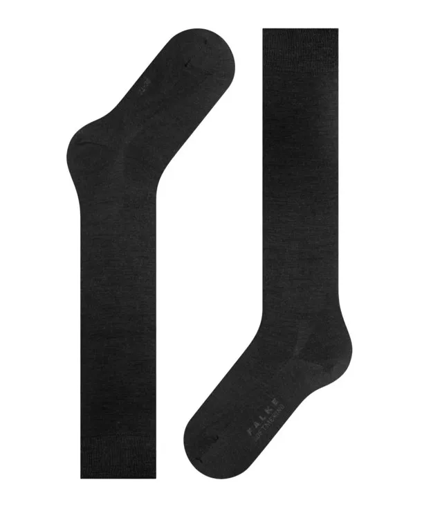 Two black, smooth knee-high socks; one lying down and one standing up.