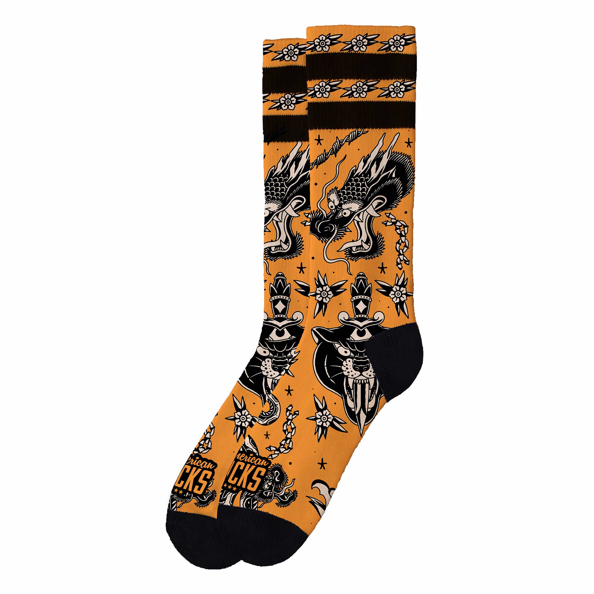 Chaussettes tatouées avec dragons Chaussettes encrées orange avec poignets noirs, motifs de tatouage : Dragons, Panthères, Dagues.