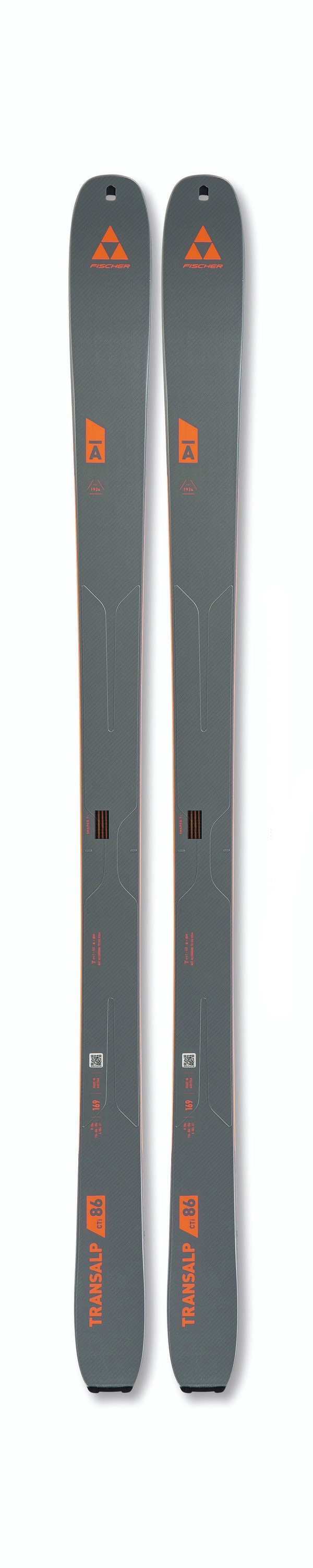 Gris Fischer Transalp 86 CTI Skis gris Transalp 86 CTI de Fischer, vue de face, avec détails et logos orange sur fond blanc.