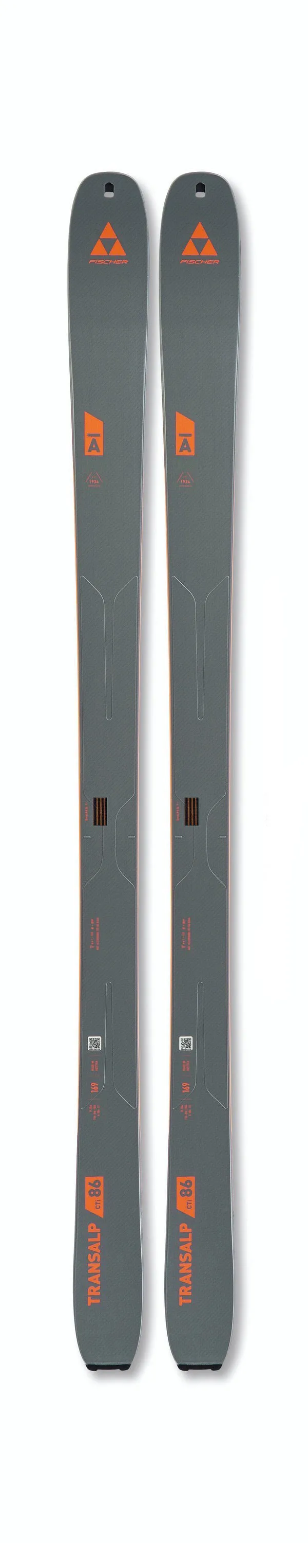 Graue Transalp 86 CTI Ski von Fischer, Frontansicht, mit orangenen Details und Logos auf weißem Hintergrund.