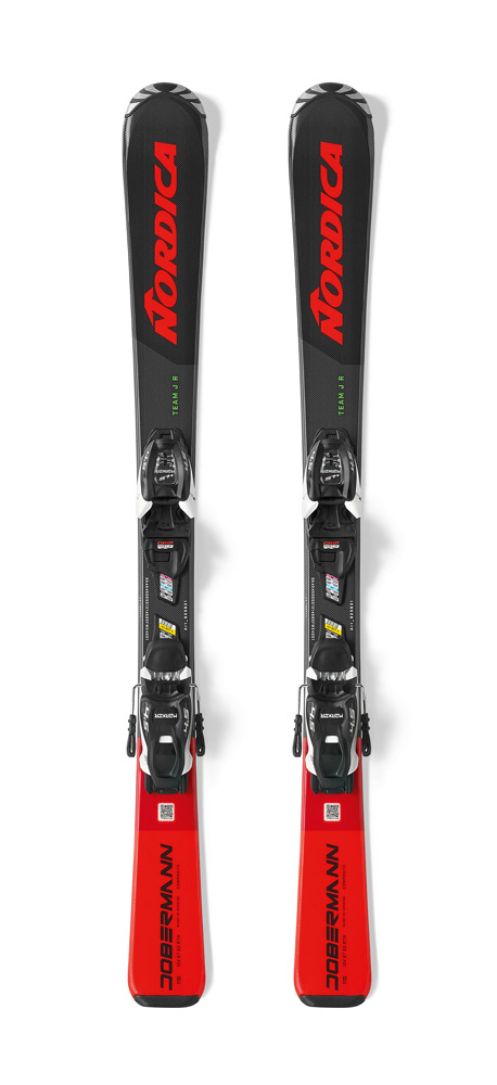 Zwei Nordica Team JR Ski mit Bindung, Draufsicht, schwarzes und rotes Design.