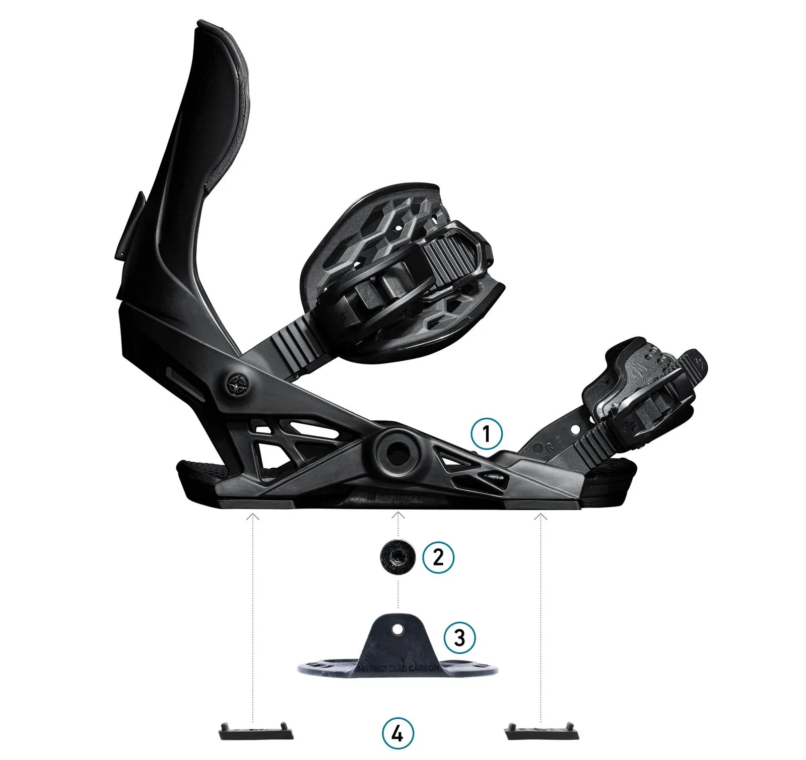 Exploded view of the Jones Apollo Pro snowboard binding showing SKATETECH components.