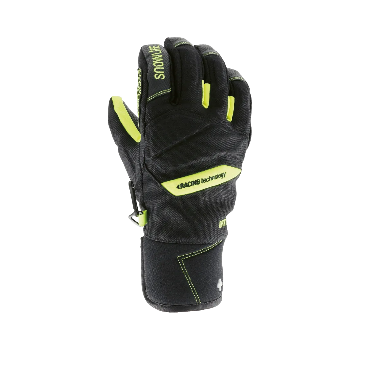 Black winter glove with yellow accents and the words "SNOWLIFE" and "RACING technology" on the top, insulated on a white background.