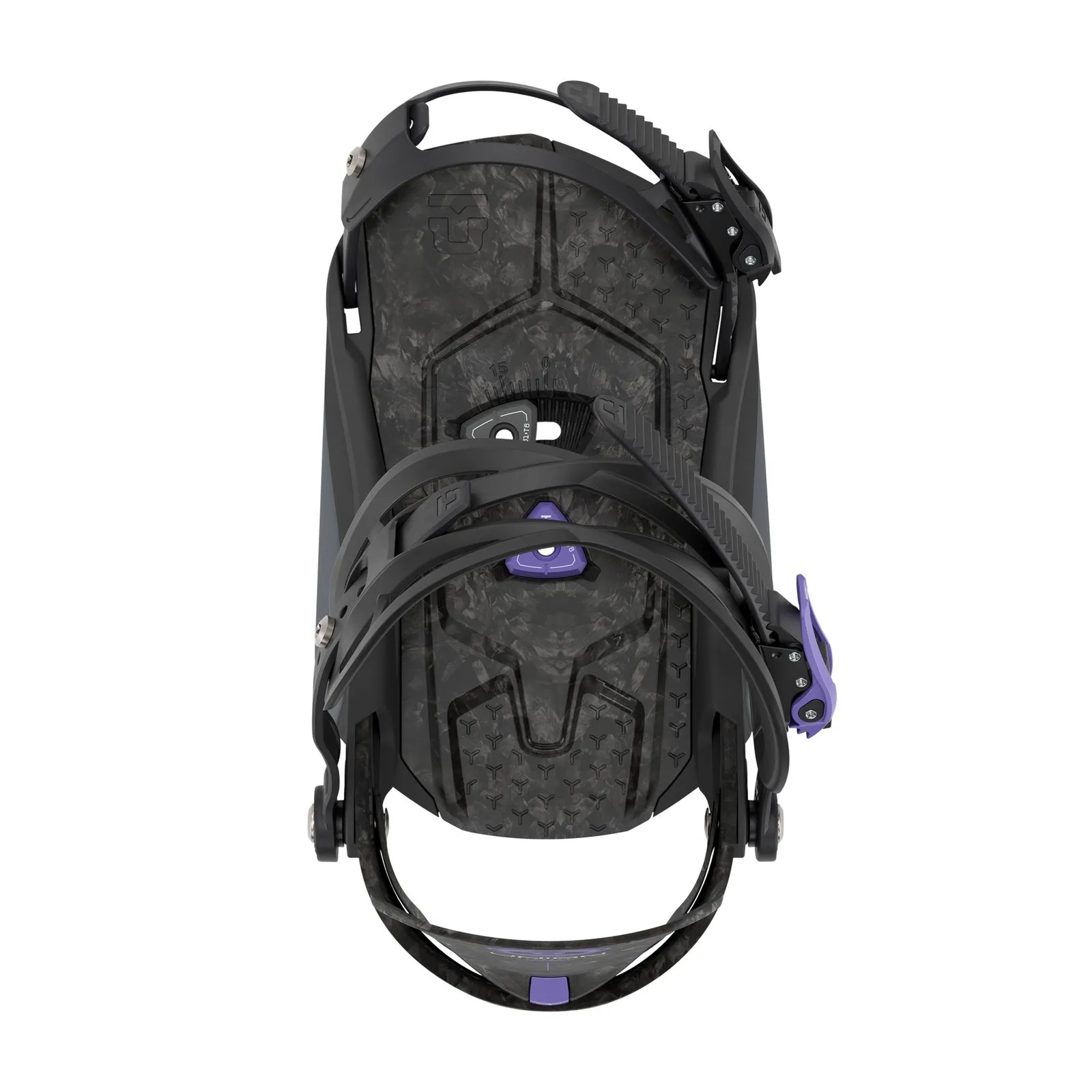 Primo piano di un attacco da snowboard con design nero e accenti viola.