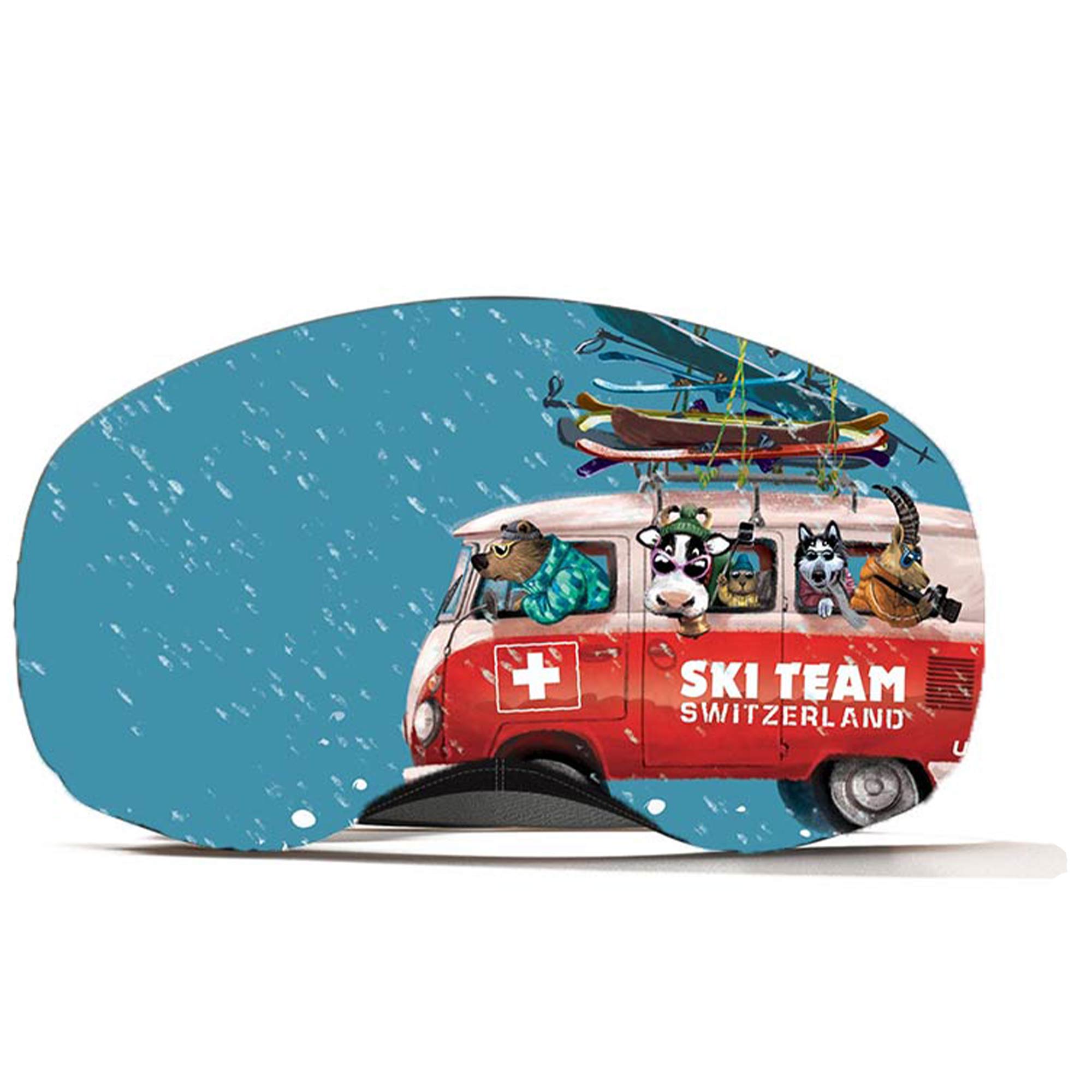 Skibrillenschutz: Bus des Ski Team Switzerland mit Tieren und Skis auf dem Dach im Schnee.