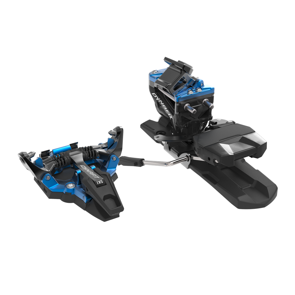 Fixation de ski de randonnée bleue Dynafit Radical, partie avant et arrière, de côté, sur fond clair.