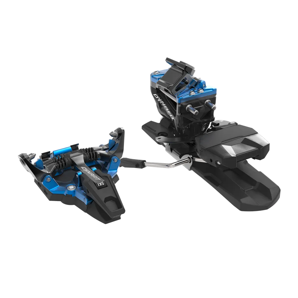 Fixation de ski de randonnée bleue Dynafit Radical, partie avant et arrière, de côté, sur fond clair.