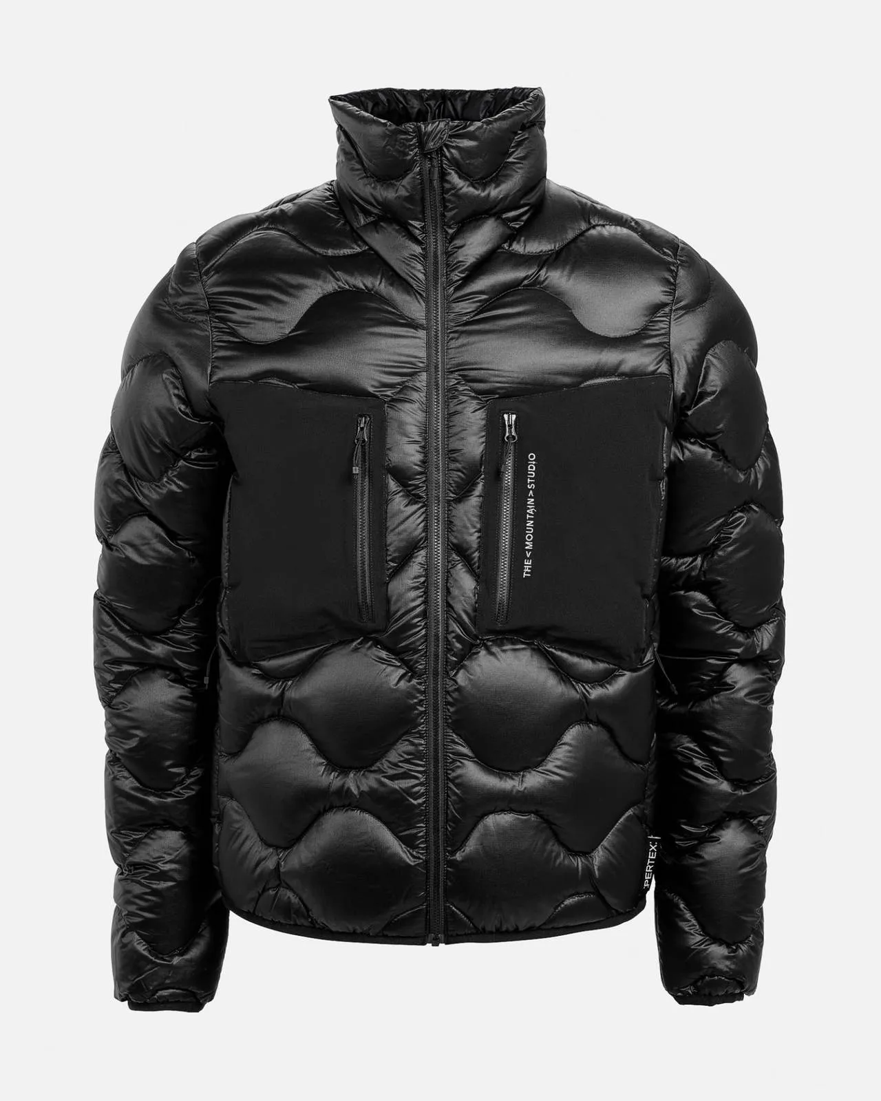 Black down jacket with quilted pattern, front zipper, chest pockets with logos, made of Pertex material.