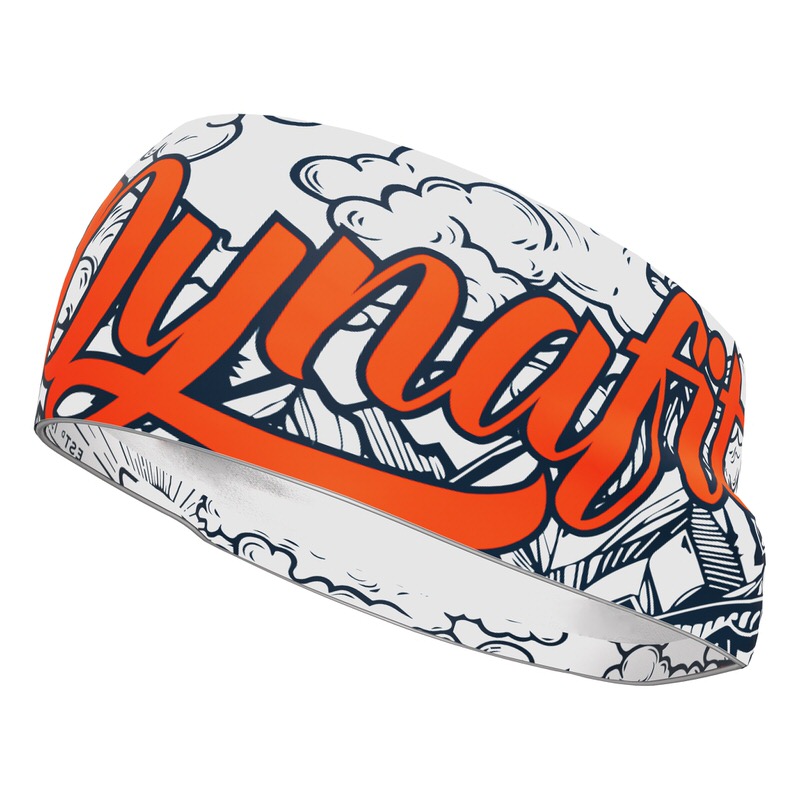 Bandeau avec motif montagne Bandeau blanc Dynafit avec motif de montagnes et de nuages, inscription orange.