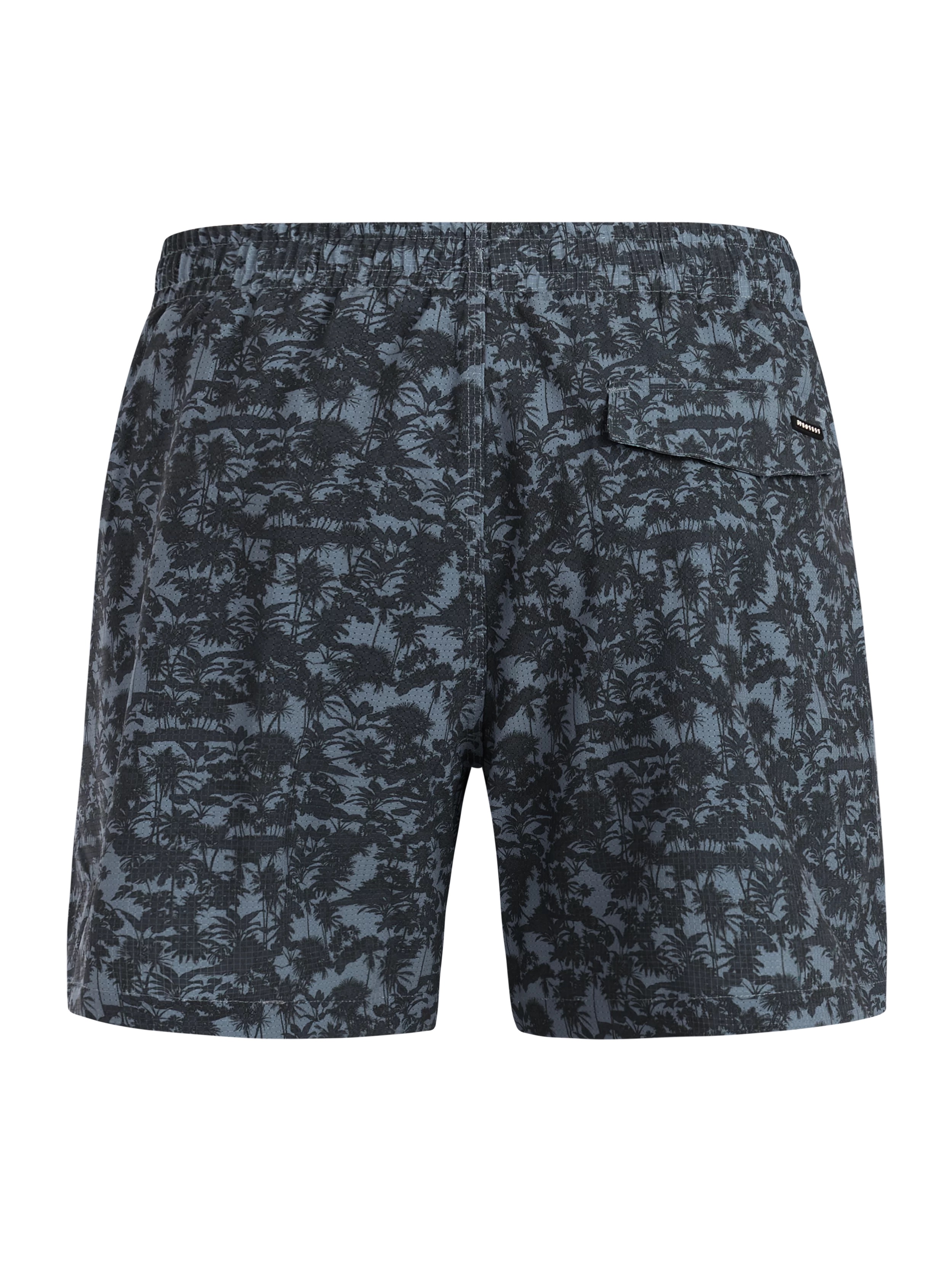 Badeshorts, von hinten, mit Palmenmuster in dunklen Tönen auf hellblauem Grund und elastischem Bund.