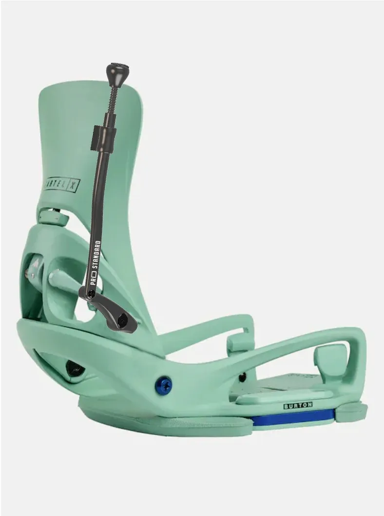Mint green snowboard binding from Burton (Cartel X) viewed from a slightly elevated side angle. Black ratchet mechanism with "Pro Standard" lettering diagonally across the highback. Light gray background, blue accent, "BURTON" at the base.