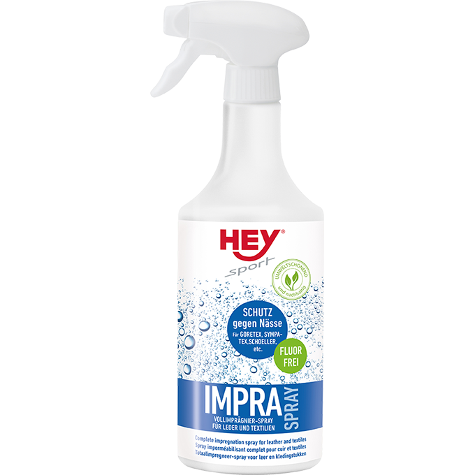 Weiße Sprühflasche HEY Sport Impra Spray zum Imprägnieren von Textilien und Leder. Fluorfrei, schützt vor Nässe.
