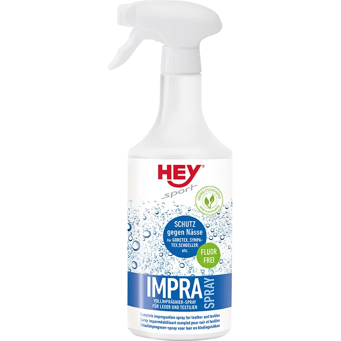 Weiße Sprühflasche HEY Sport Impra Spray zum Imprägnieren von Textilien und Leder. Fluorfrei, schützt vor Nässe.