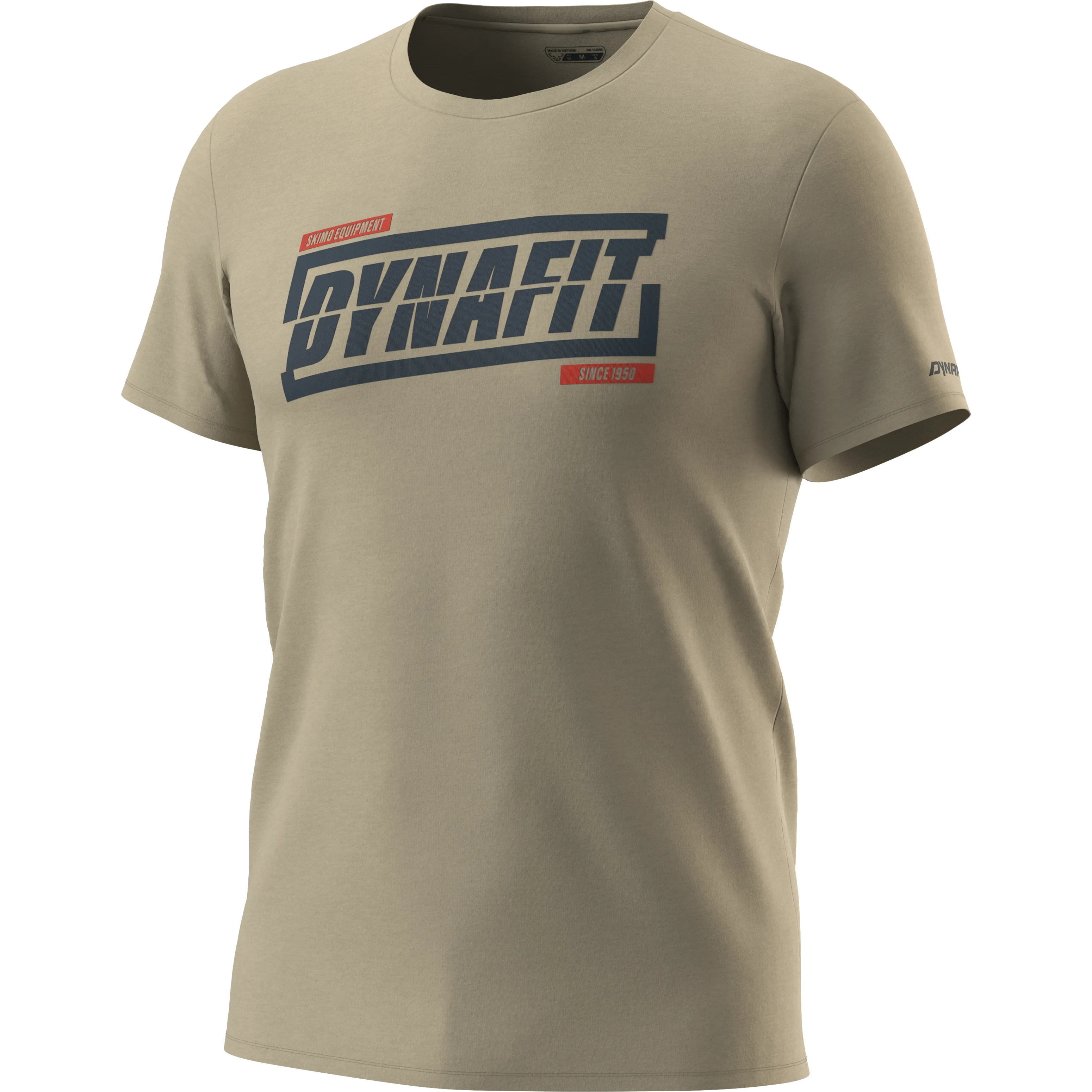 Khaki Dynafit T-Shirt mit blauem Logo "DYNAFIT" und rotem Schriftzug "SINCE 1950".