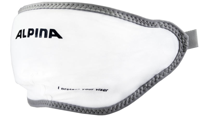 Couverture de visière blanche Alpina avec bordure grise et bande élastique. Impression "I protect your visor".