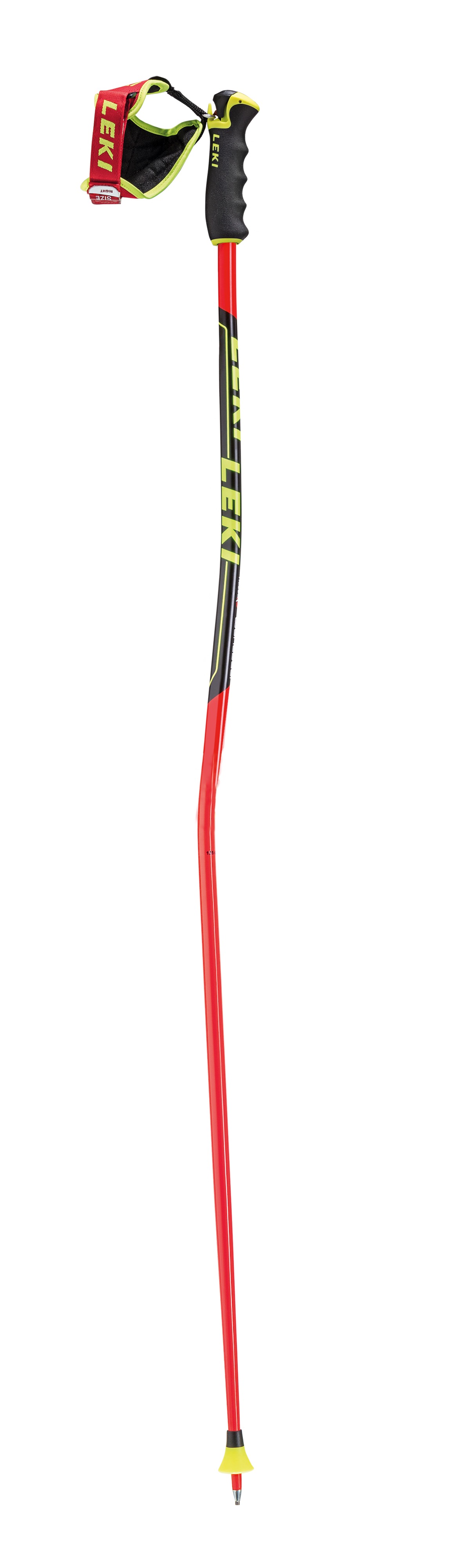 Roter Leki Carbon GS Skistock mit schwarzem Griff und gelben Details vor weißem Hintergrund.