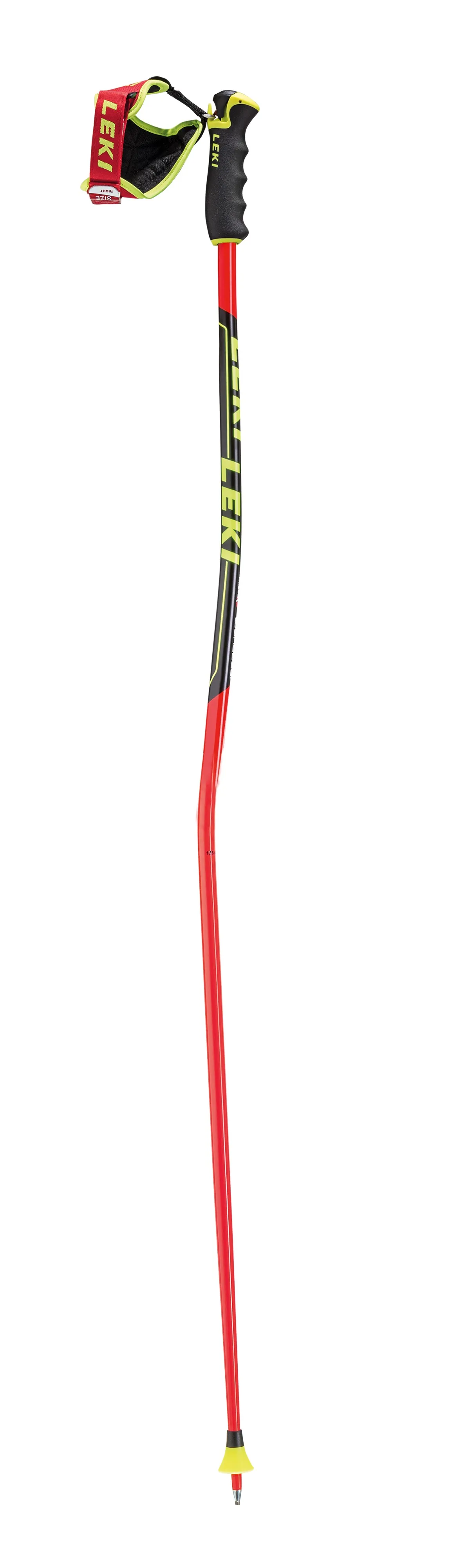 Bâton de ski rouge Leki Carbon GS avec poignée noire et détails jaunes sur fond blanc.
