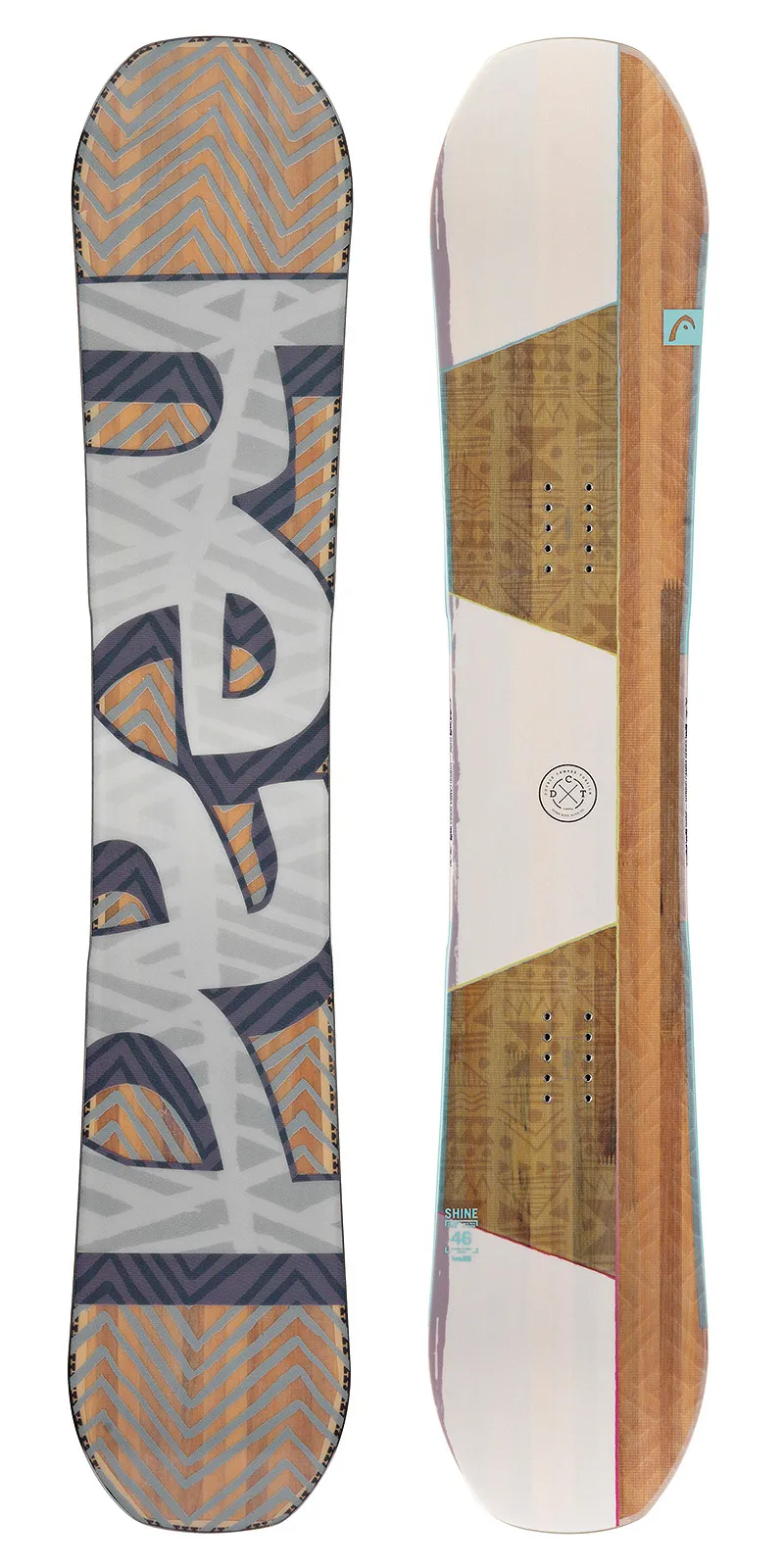 Two Head Shine Snowboards side by side, different designs on the top and bottom.