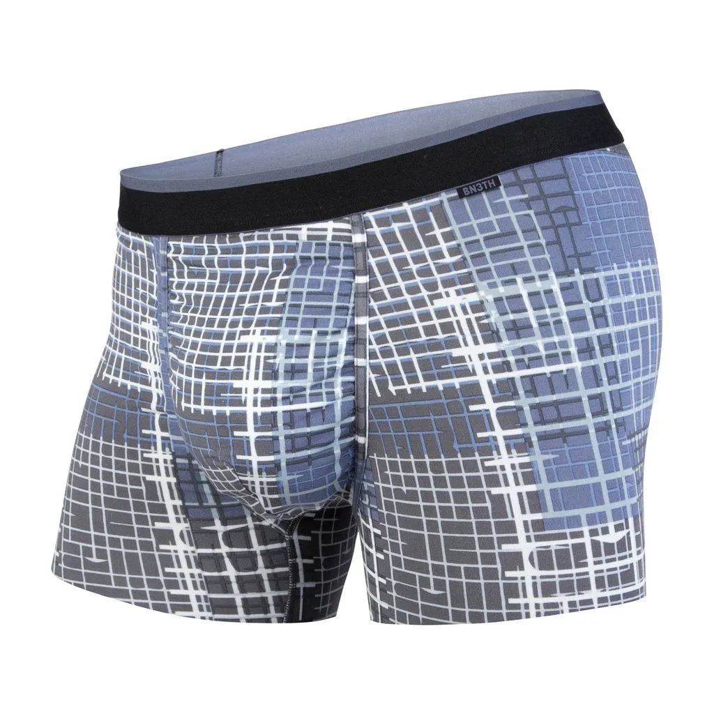 Sous-vêtements trunks bleus pour hommes avec motif abstrait blanc et gris Brooklyn Grid et ceinture noire.