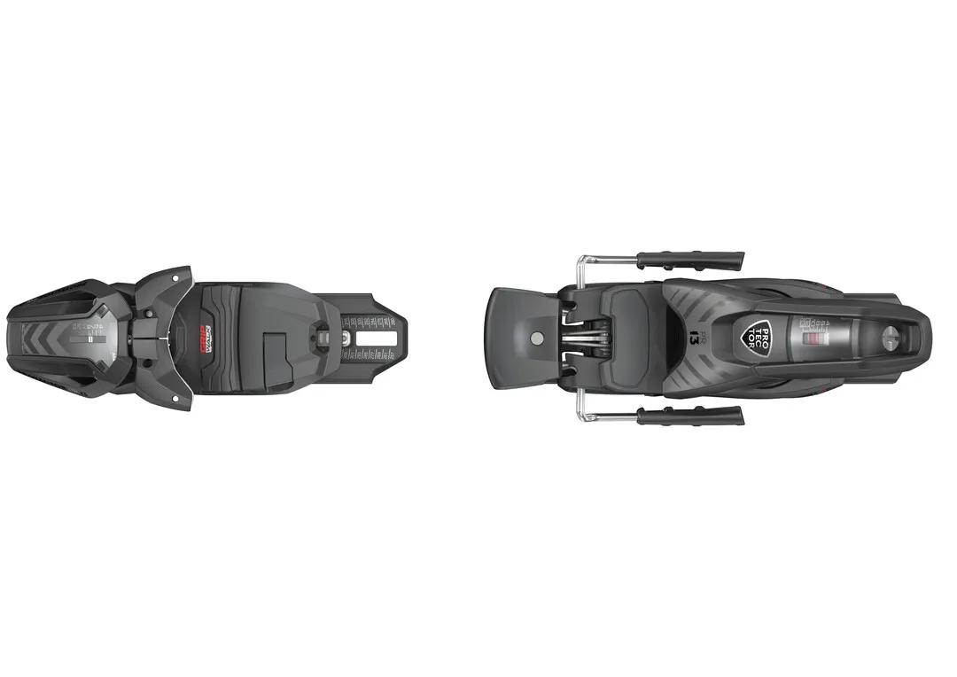Draufsicht der Tyrolia Protector PR 13 GW Bindung in Matt-Schwarz, Ski-Sicherheitsausrüstung mit Full Heel Release Technologie.